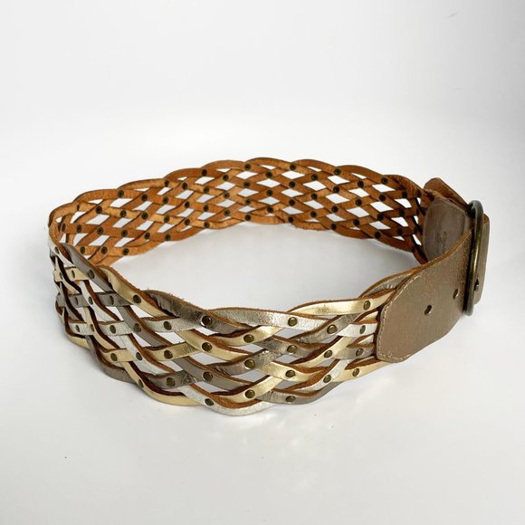Fossil Wide Woven Braided Silver Gold Leather Belt - Picture 6 of 8